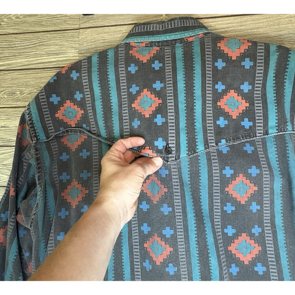 VTG Wrangler Brushpopper Shirt Mens 17.5 X 35 Black Aztec X Long Tail Cowboy XL - Picture 12 of 13